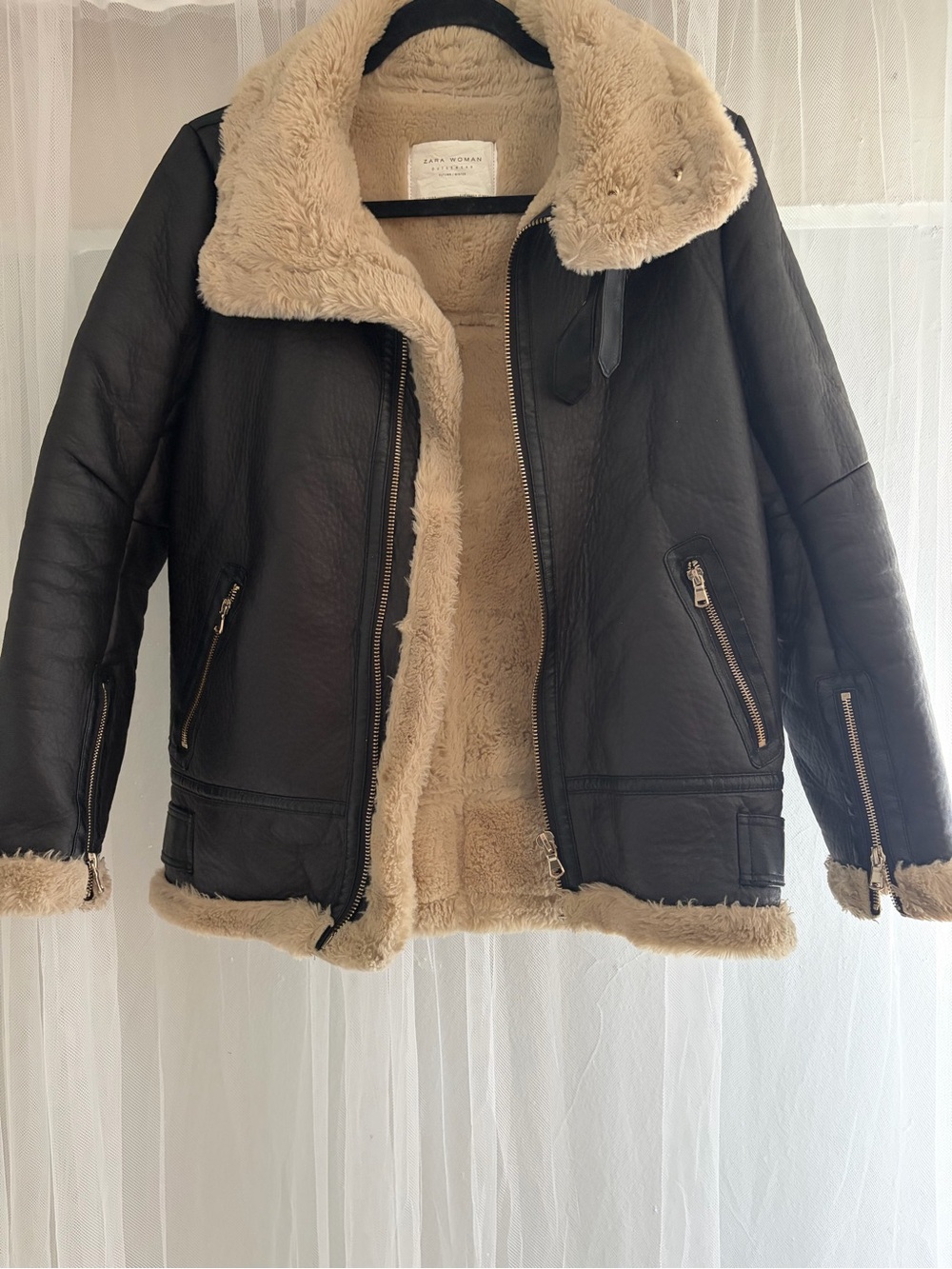 Zara Dark Brown Faux-Shearling Lined Leather Jacket